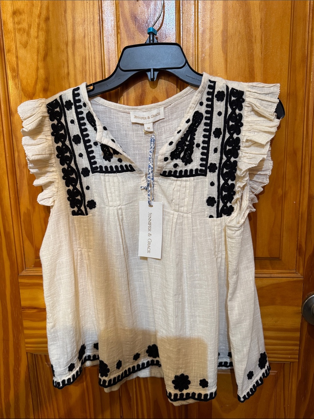 Jennifer Behr Ivory Sleeveless Top with Black Embroidery